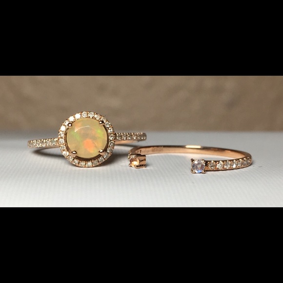 Jewelry - Opal diamond halo engagement ring and band